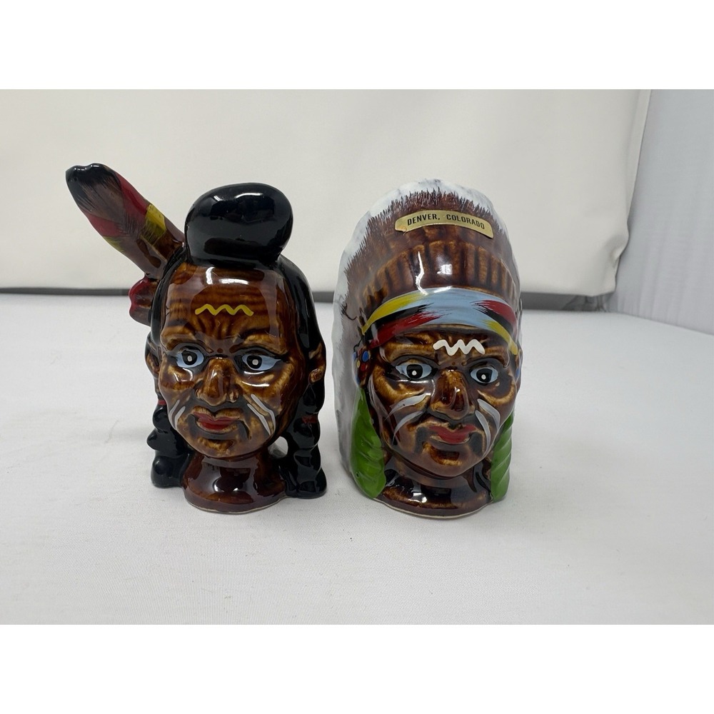 Vintage Walls Ceramic Japan Hand Painted Native American Colorful Salt & Pepper